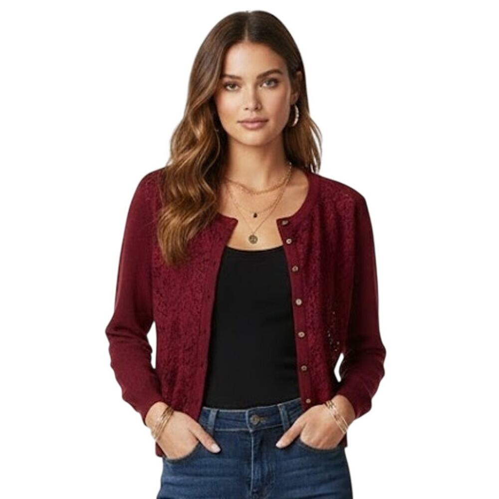 Banana Republic Floral Lace Cardigan Sweater in Burgundy Size Medium